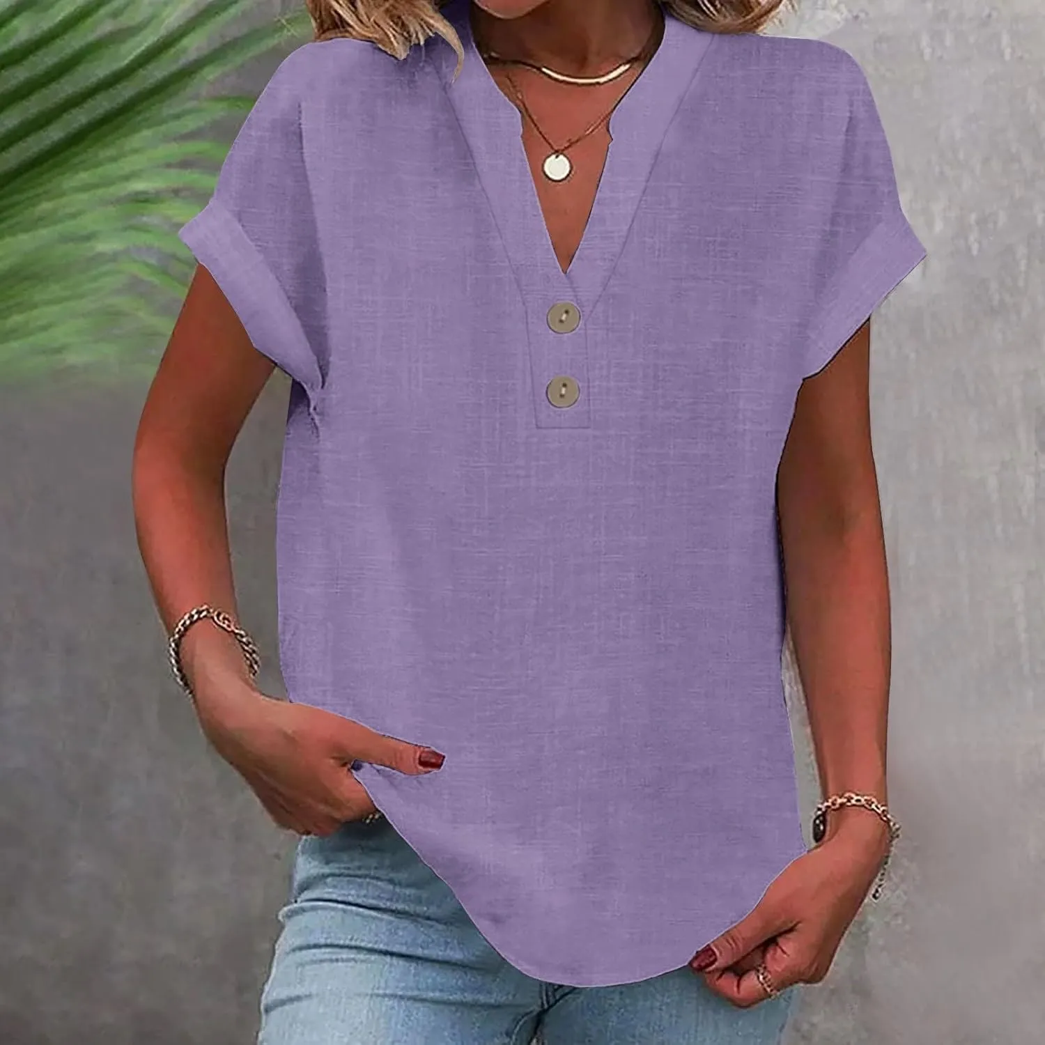 Cotton Linen T-shirt for Women V Neck Short Sleeve Button Up Tops Solid Color Loose Blouses Casual Business Shirt
