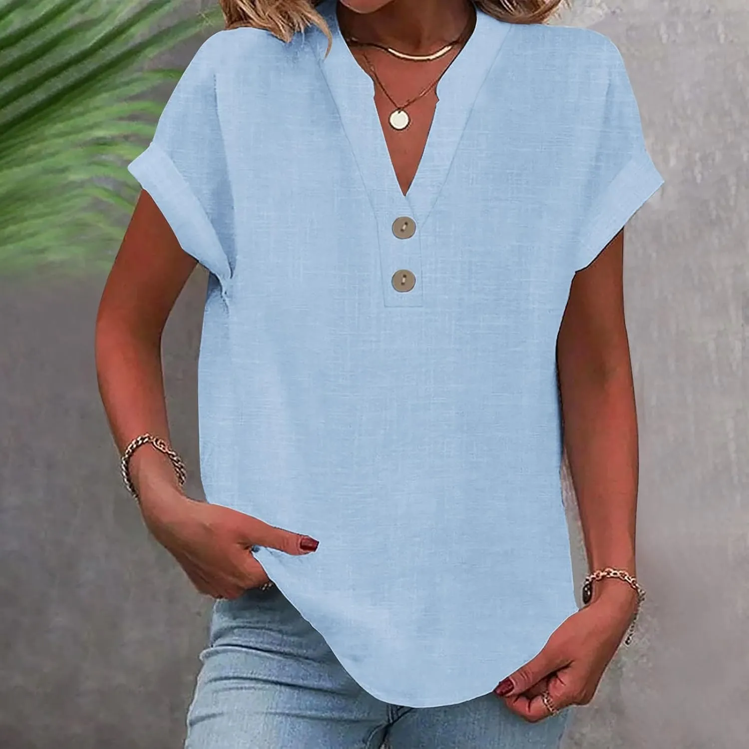 Cotton Linen T-shirt for Women V Neck Short Sleeve Button Up Tops Solid Color Loose Blouses Casual Business Shirt