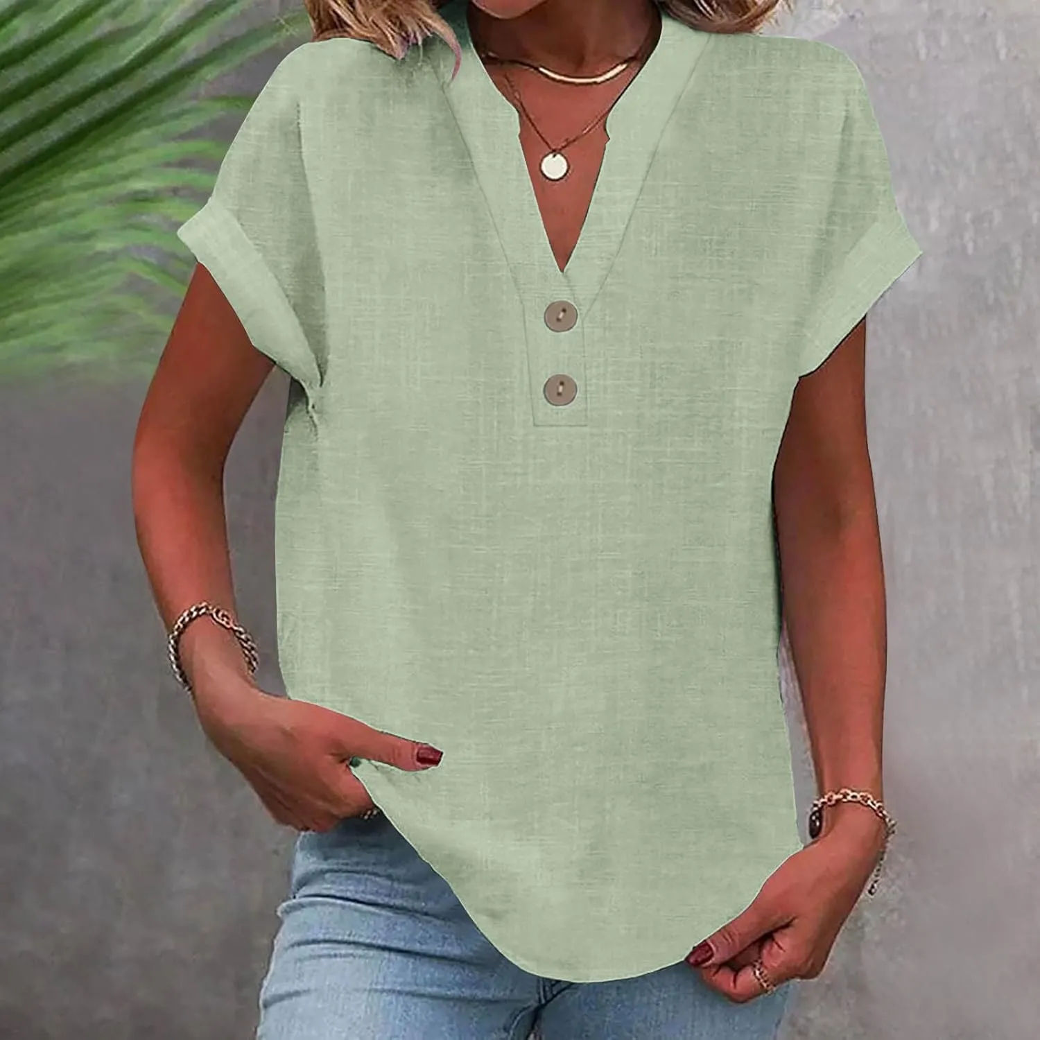 Cotton Linen T-shirt for Women V Neck Short Sleeve Button Up Tops Solid Color Loose Blouses Casual Business Shirt