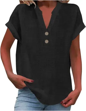 Cotton Linen T-shirt for Women V Neck Short Sleeve Button Up Tops Solid Color Loose Blouses Casual Business Shirt