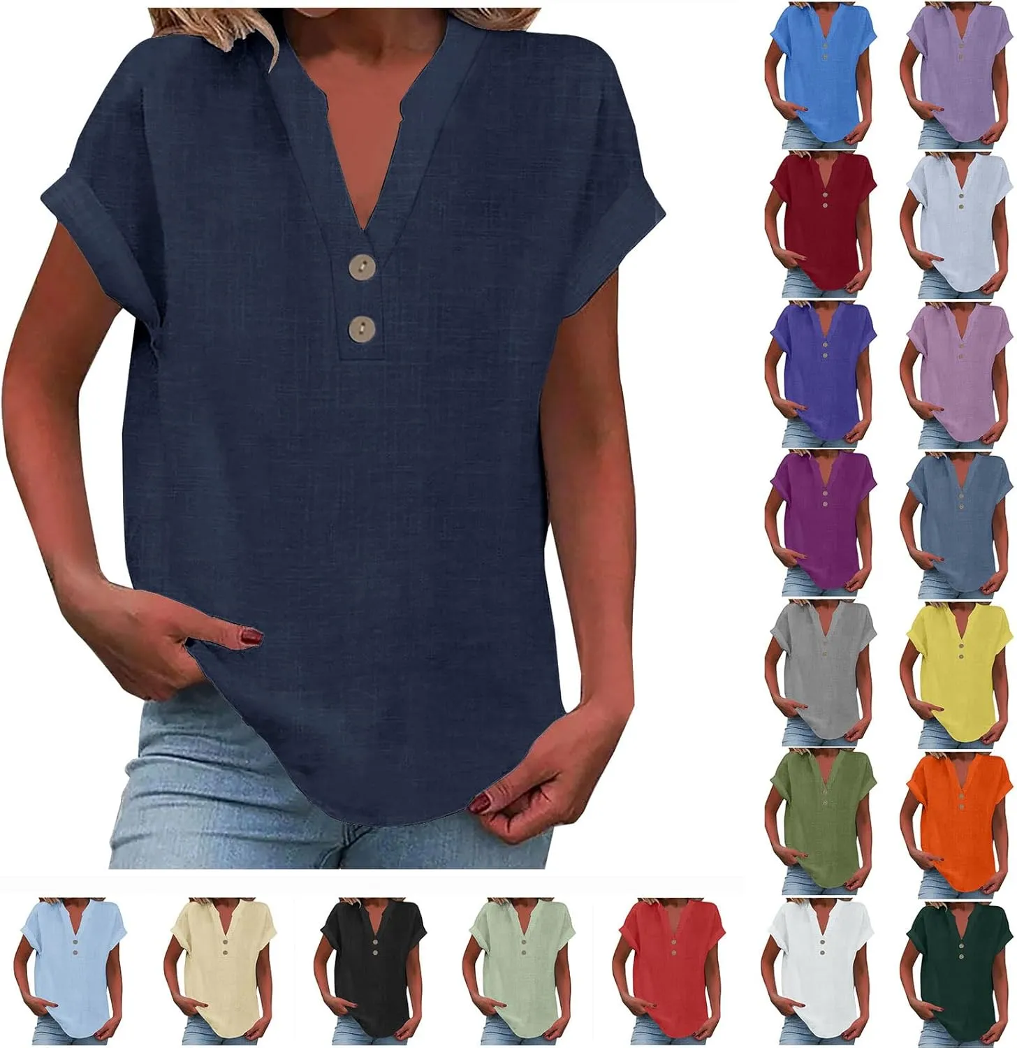 Cotton Linen T-shirt for Women V Neck Short Sleeve Button Up Tops Solid Color Loose Blouses Casual Business Shirt
