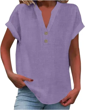 Cotton Linen T-shirt for Women V Neck Short Sleeve Button Up Tops Solid Color Loose Blouses Casual Business Shirt