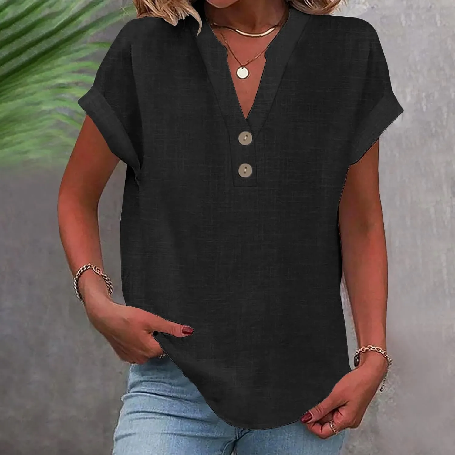 Cotton Linen T-shirt for Women V Neck Short Sleeve Button Up Tops Solid Color Loose Blouses Casual Business Shirt