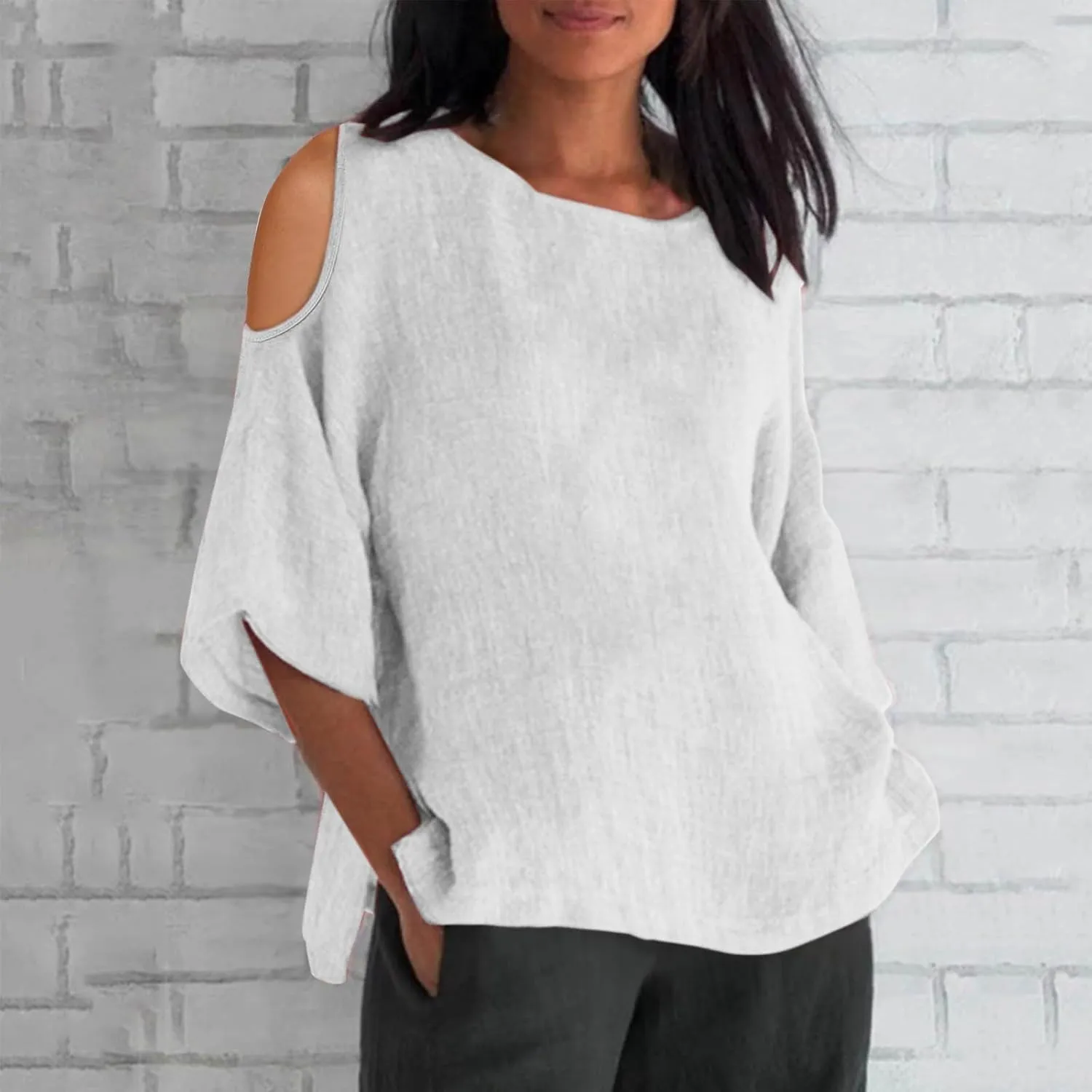 Cotton Linen Top for Women Plus Size Cold Shoulder 3/4 Sleeve Casual Summer Blouse T Shirt Fashion Loose Tunic Shirt