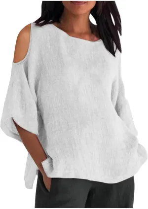Cotton Linen Top for Women Plus Size Cold Shoulder 3/4 Sleeve Casual Summer Blouse T Shirt Fashion Loose Tunic Shirt