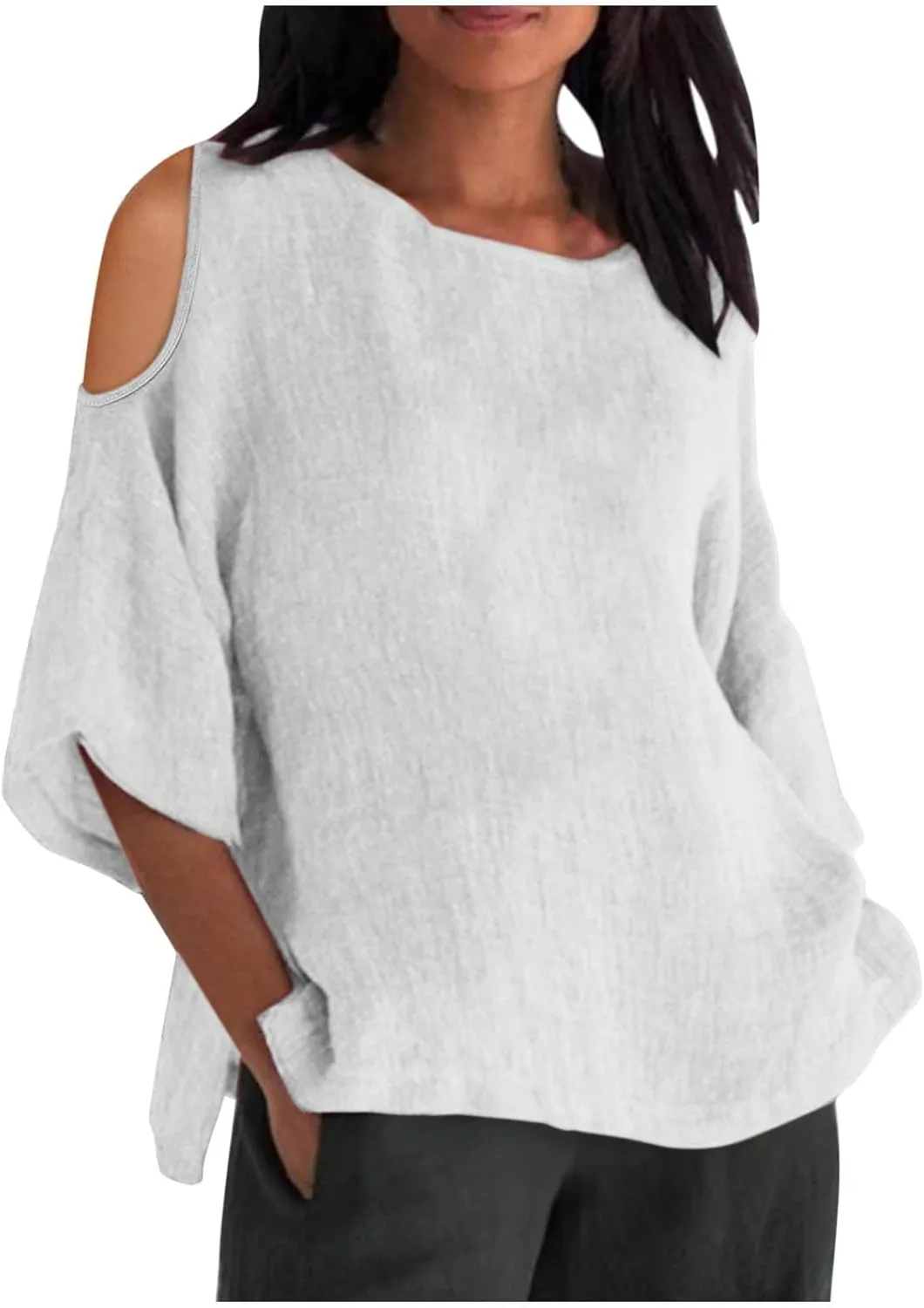 Cotton Linen Top for Women Plus Size Cold Shoulder 3/4 Sleeve Casual Summer Blouse T Shirt Fashion Loose Tunic Shirt