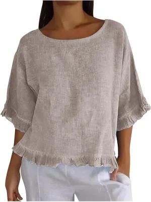 Cotton Linen Tops for Women Summer Casual 3/4 Sleeve T Shirts Lightweight Ruffle Hem Flowy Blouses Tees