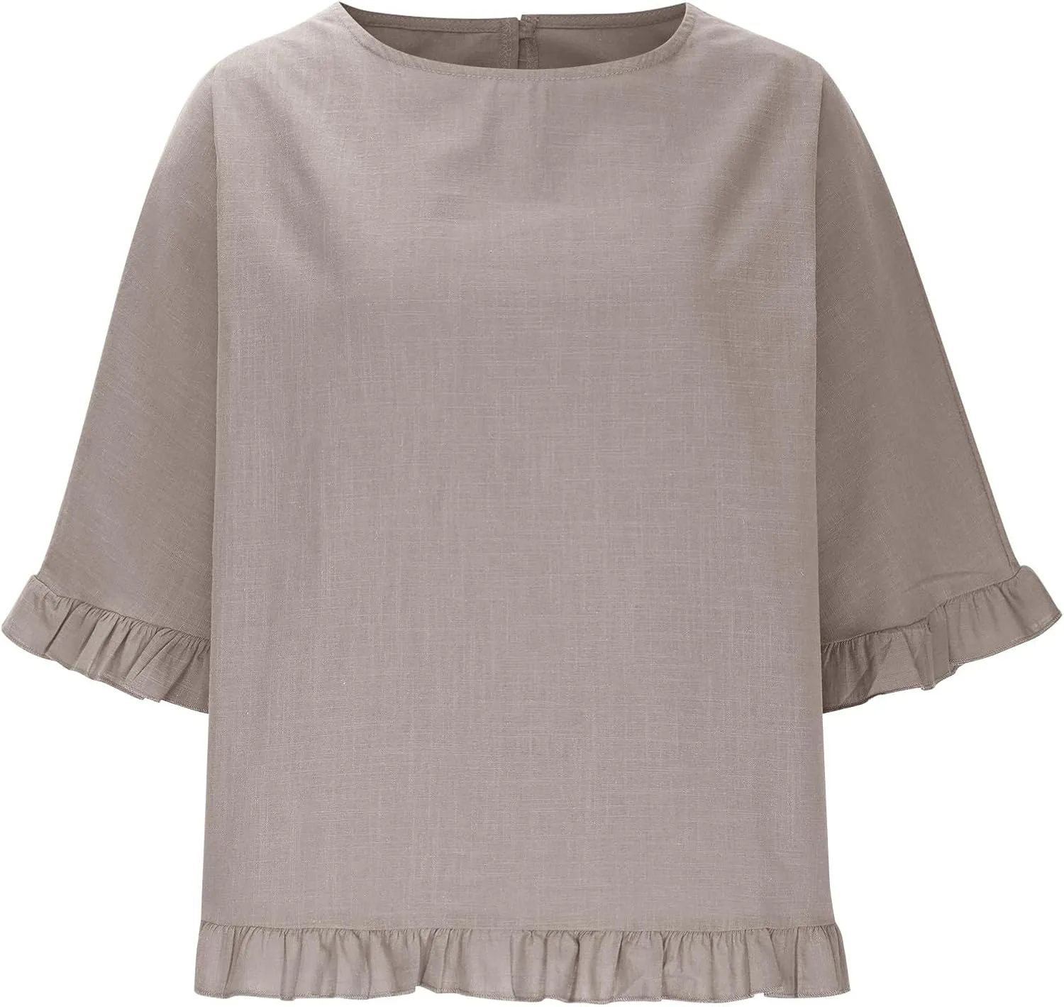 Cotton Linen Tops for Women Summer Casual 3/4 Sleeve T Shirts Lightweight Ruffle Hem Flowy Blouses Tees