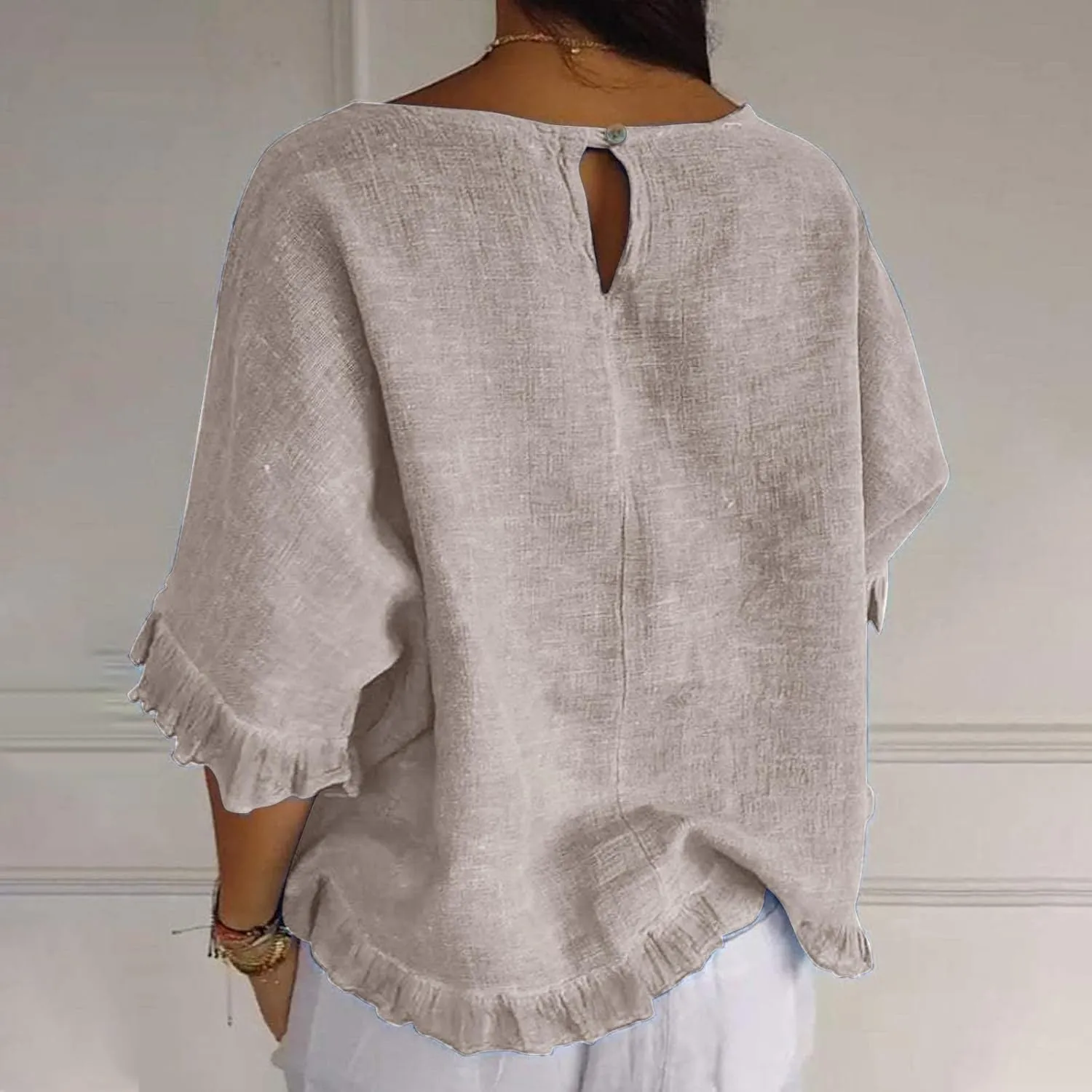 Cotton Linen Tops for Women Summer Casual 3/4 Sleeve T Shirts Lightweight Ruffle Hem Flowy Blouses Tees