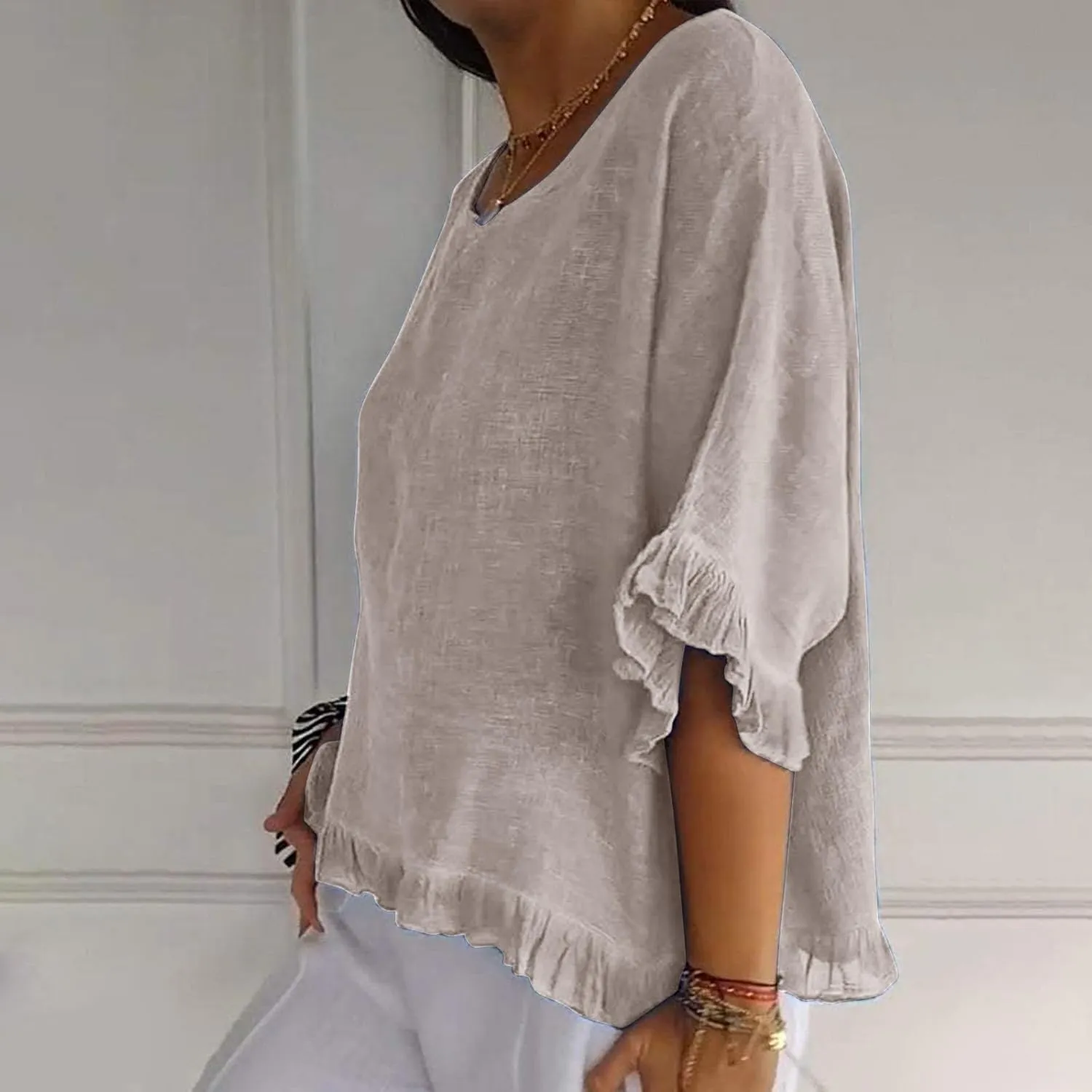 Cotton Linen Tops for Women Summer Casual 3/4 Sleeve T Shirts Lightweight Ruffle Hem Flowy Blouses Tees