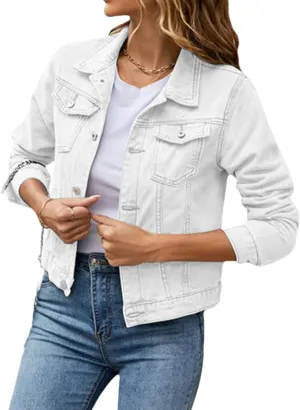 Cropped Denim Jacket for Women Lightweight Basic Button Down Stretch Fitted Long Sleeves Jean Jacket with Pockets