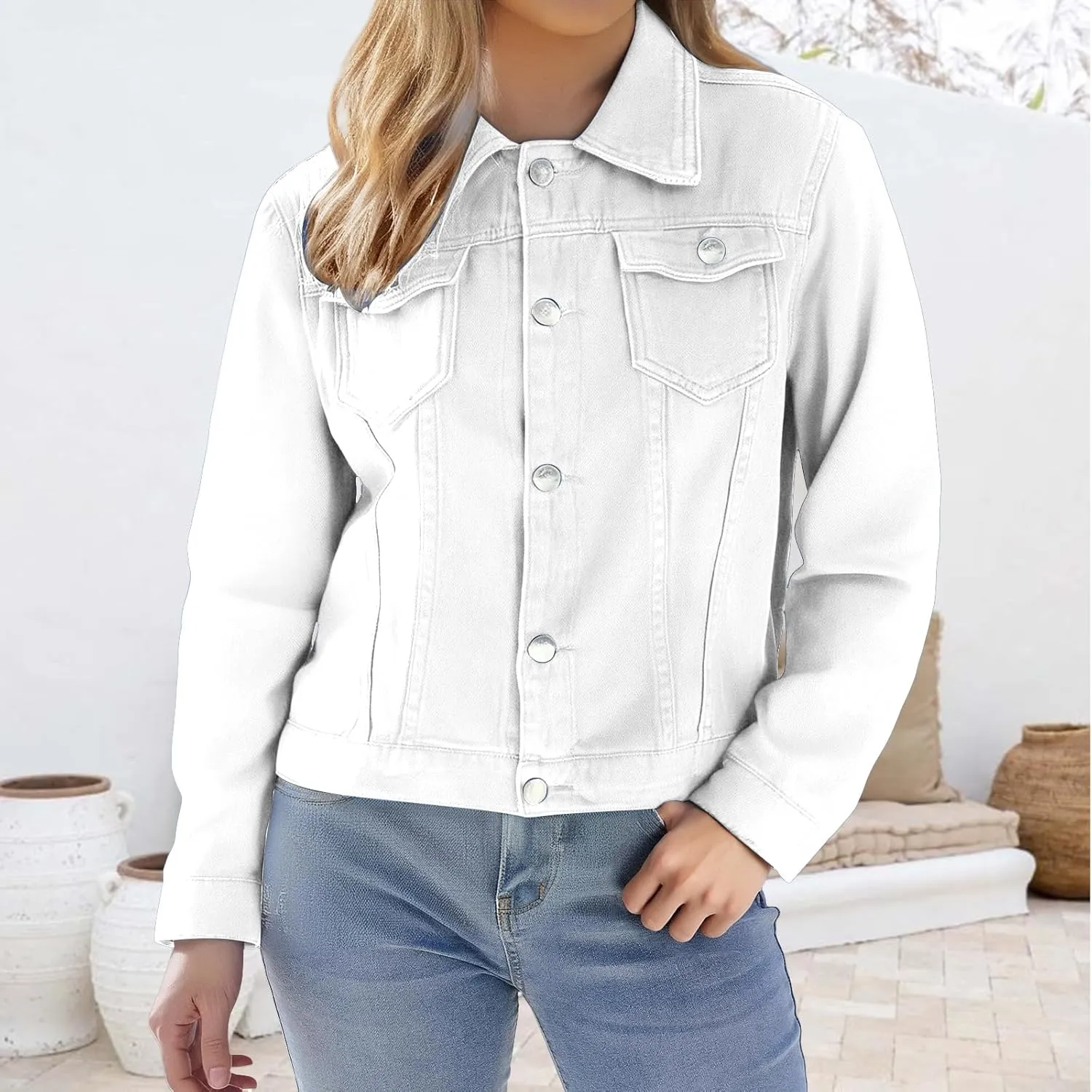 Cropped Denim Jacket for Women Lightweight Basic Button Down Stretch Fitted Long Sleeves Jean Jacket with Pockets