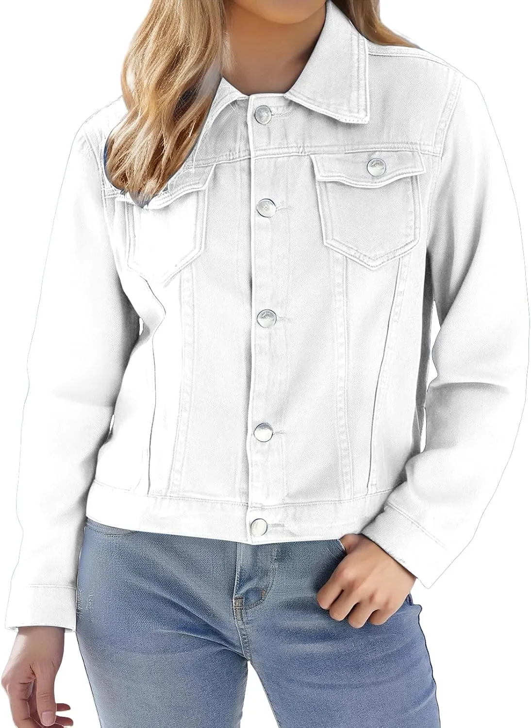 Cropped Denim Jacket for Women Lightweight Basic Button Down Stretch Fitted Long Sleeves Jean Jacket with Pockets