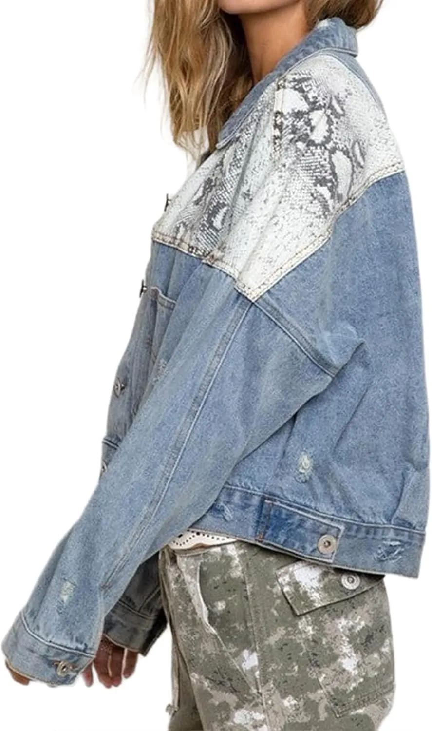 Cropped Denim Jacket for Women Oversized Jean Jacket Button Down Distressed Leopard Crop Jean Short Coat with Pockets