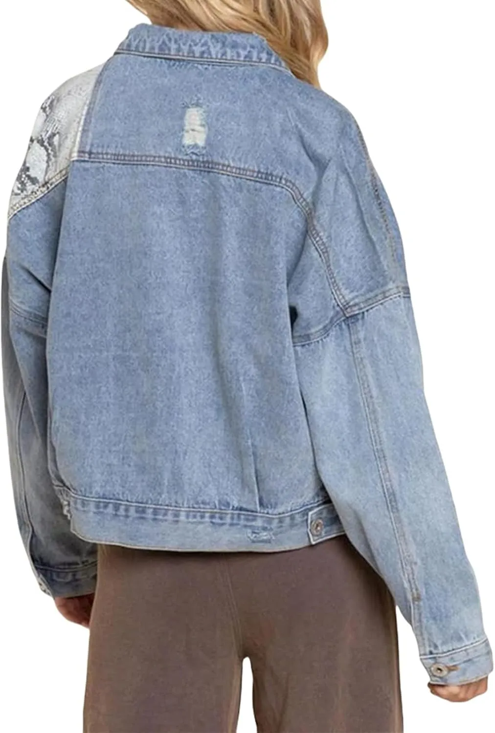 Cropped Denim Jacket for Women Oversized Jean Jacket Button Down Distressed Leopard Crop Jean Short Coat with Pockets