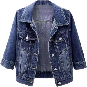Cropped Jean Jacket for Women 3/4 Sleeve Colored Crop Denim Jacket Light Wash Short Jean Jackets Trucker Coat Pockets