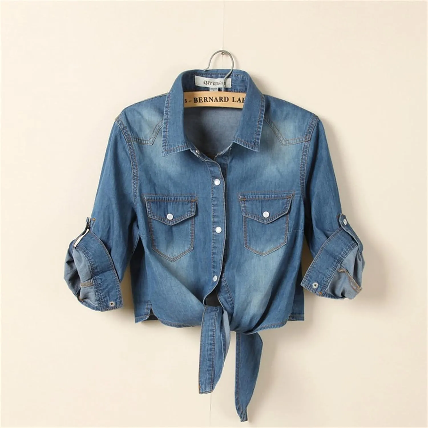 Cropped Jean Jacket for Women 3/4 Sleeve Denim Crop Top Tie Knot Shirt Cardigan Shacket Trendy Short Jacket Pockets