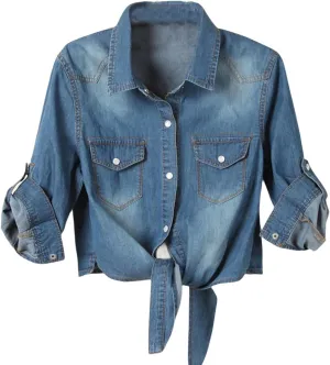 Cropped Jean Jacket for Women 3/4 Sleeve Denim Crop Top Tie Knot Shirt Cardigan Shacket Trendy Short Jacket Pockets