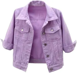 Cropped Jean Jacket for Women Cropped Denim Jacket 3/4 Sleeve Short Jackets Button Down Trucker Jackets Trendy Coats