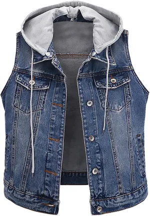 Cropped Jean Jacket for Women Denim Vest Distressed Sleeveless Denim Vest with Detachable Hoodie Waistcoat with Pocket