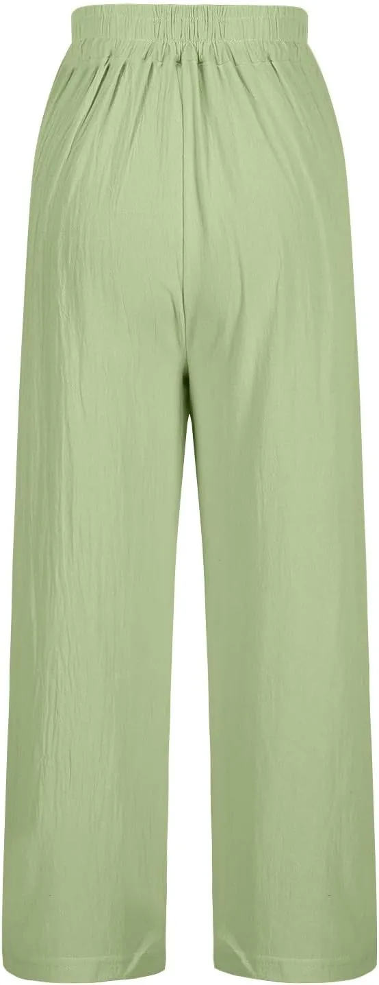 Cropped Linen Pants for Women Floral Embroidered Wide Leg Capri Pant High Elastic Waist Summer Trousers with Pockets
