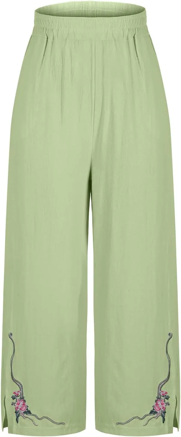 Cropped Linen Pants for Women Floral Embroidered Wide Leg Capri Pant High Elastic Waist Summer Trousers with Pockets