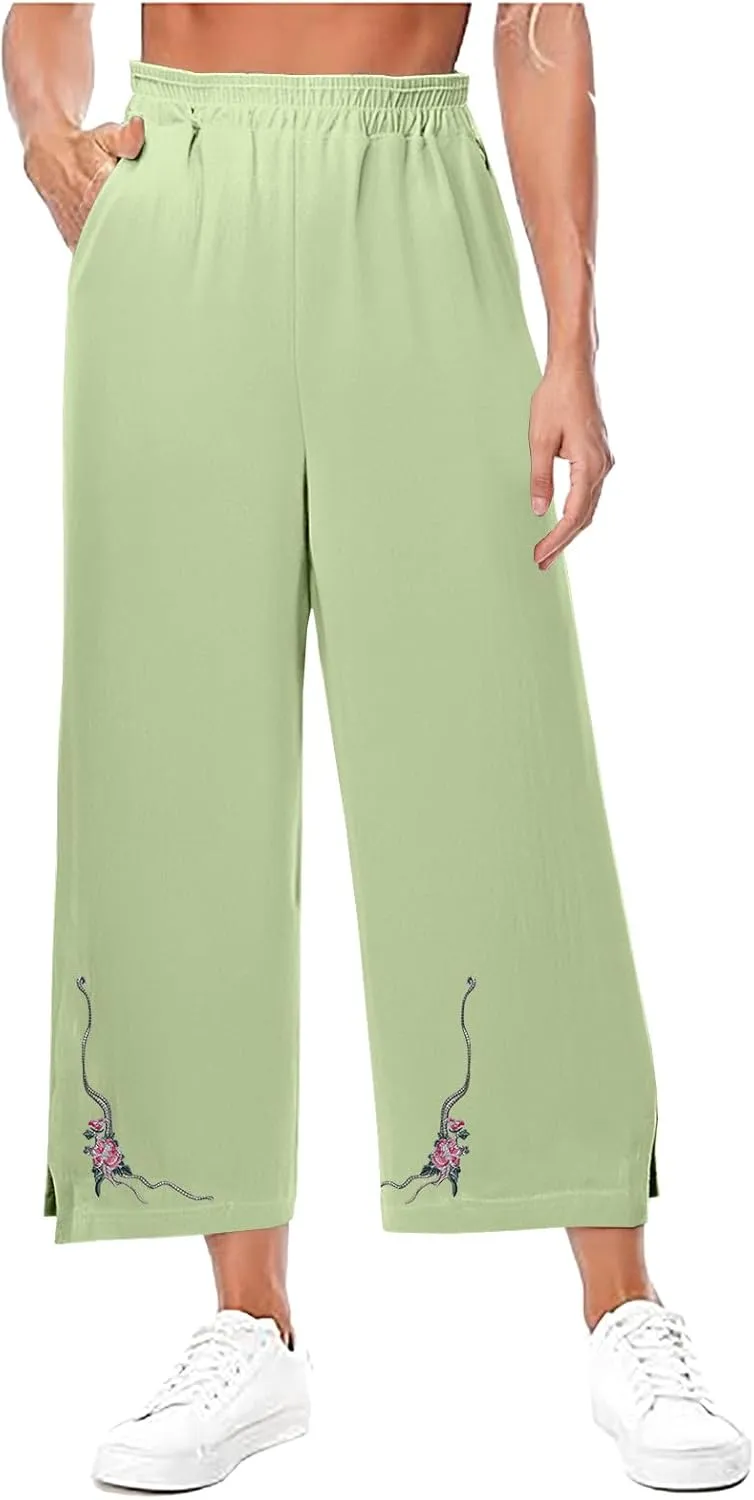 Cropped Linen Pants for Women Floral Embroidered Wide Leg Capri Pant High Elastic Waist Summer Trousers with Pockets