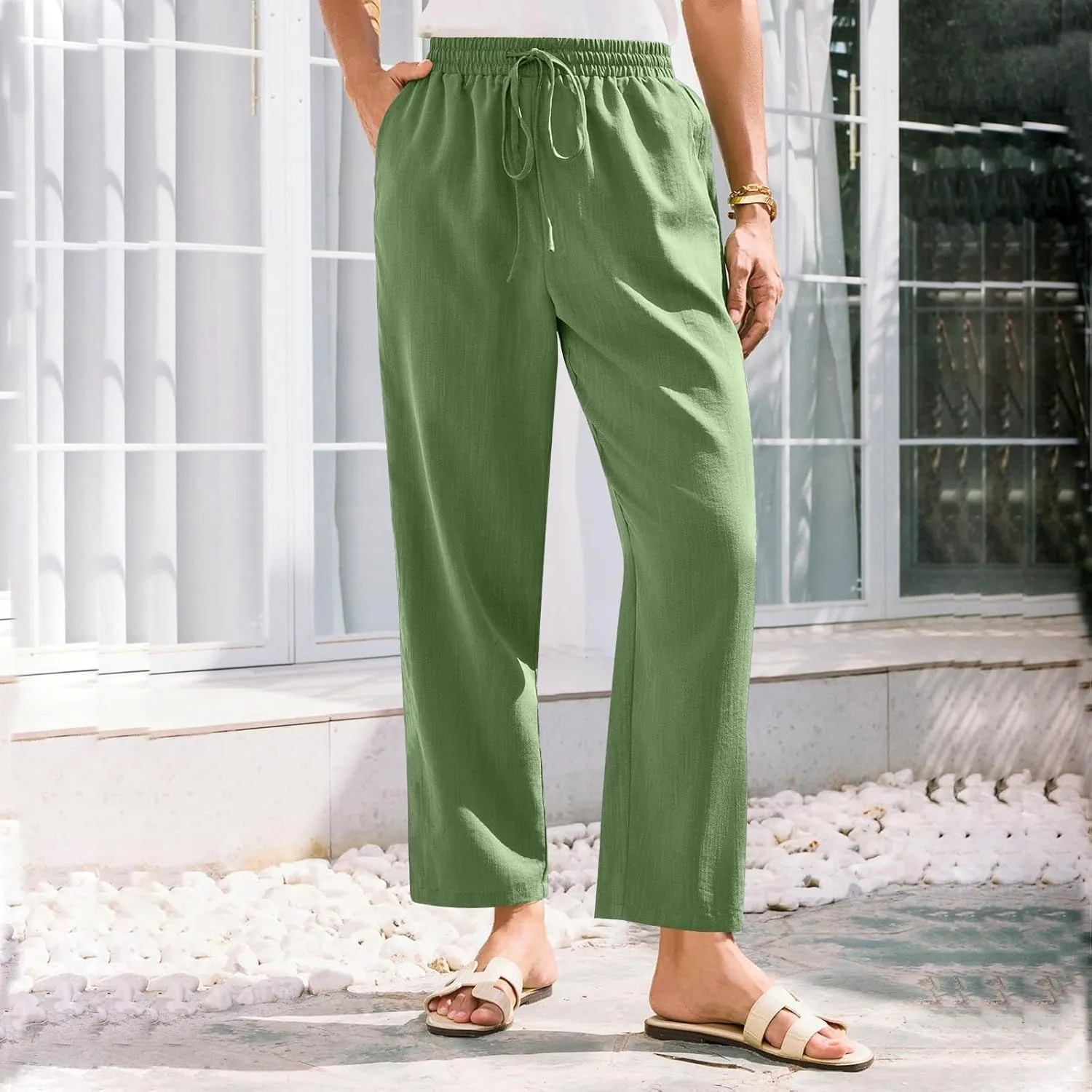Cropped Linen Pants Women Summer Elastic Drawstring Waist Tapered Straight Leg Crop Pants Casual Beach Ankle Trousers