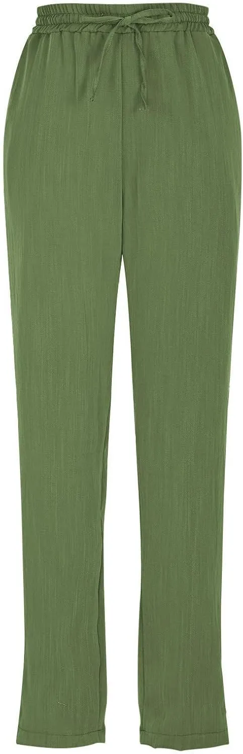 Cropped Linen Pants Women Summer Elastic Drawstring Waist Tapered Straight Leg Crop Pants Casual Beach Ankle Trousers