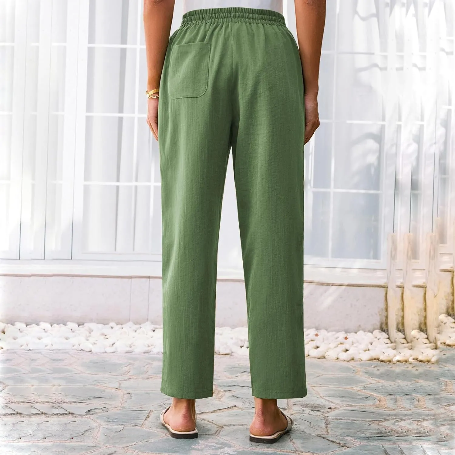 Cropped Linen Pants Women Summer Elastic Drawstring Waist Tapered Straight Leg Crop Pants Casual Beach Ankle Trousers