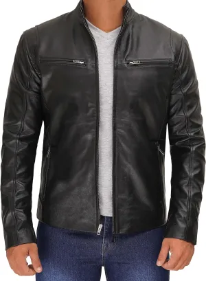 Decrum Mens Leather Jacket - Cafe Racer Style Real Lambskin Leather Jacket Men