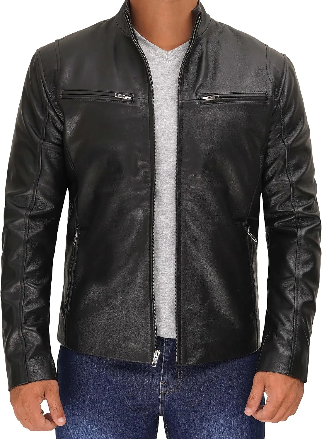 Decrum Mens Leather Jacket - Cafe Racer Style Real Lambskin Leather Jacket Men