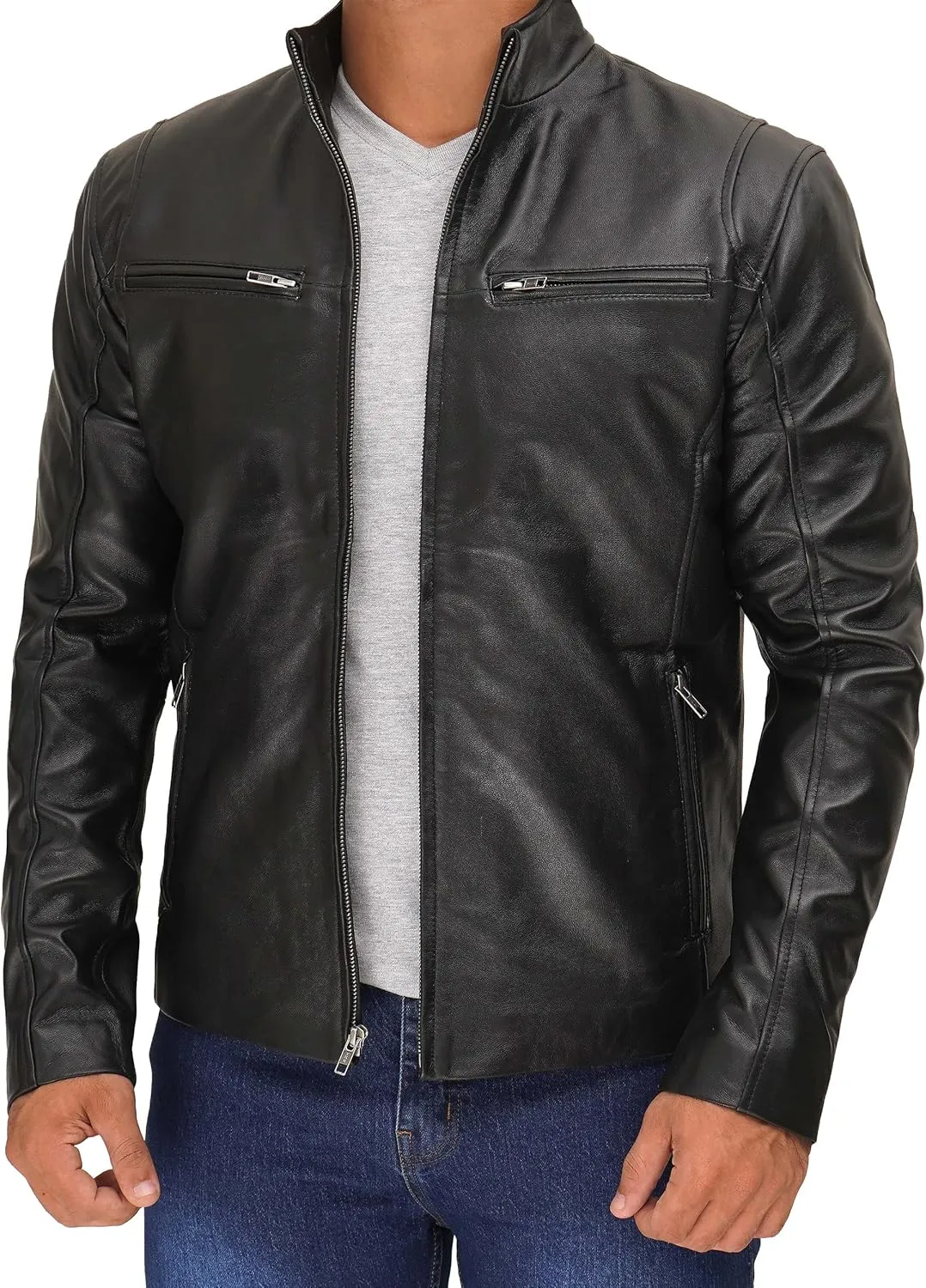 Decrum Mens Leather Jacket - Cafe Racer Style Real Lambskin Leather Jacket Men