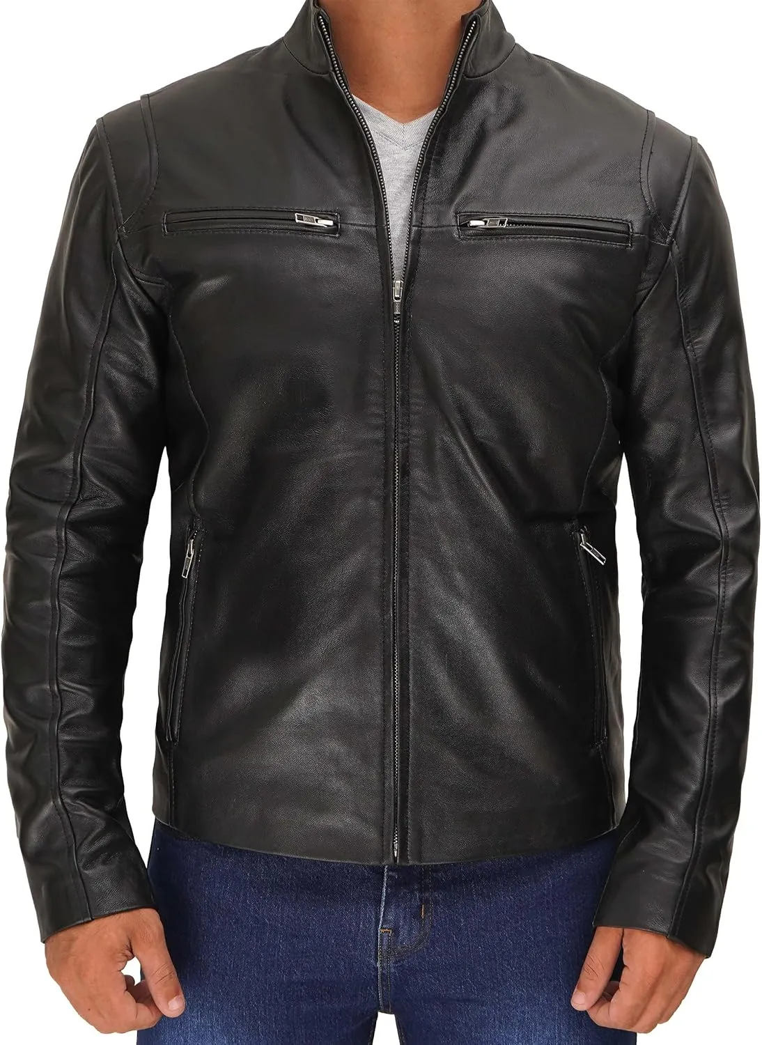 Decrum Mens Leather Jacket - Cafe Racer Style Real Lambskin Leather Jacket Men