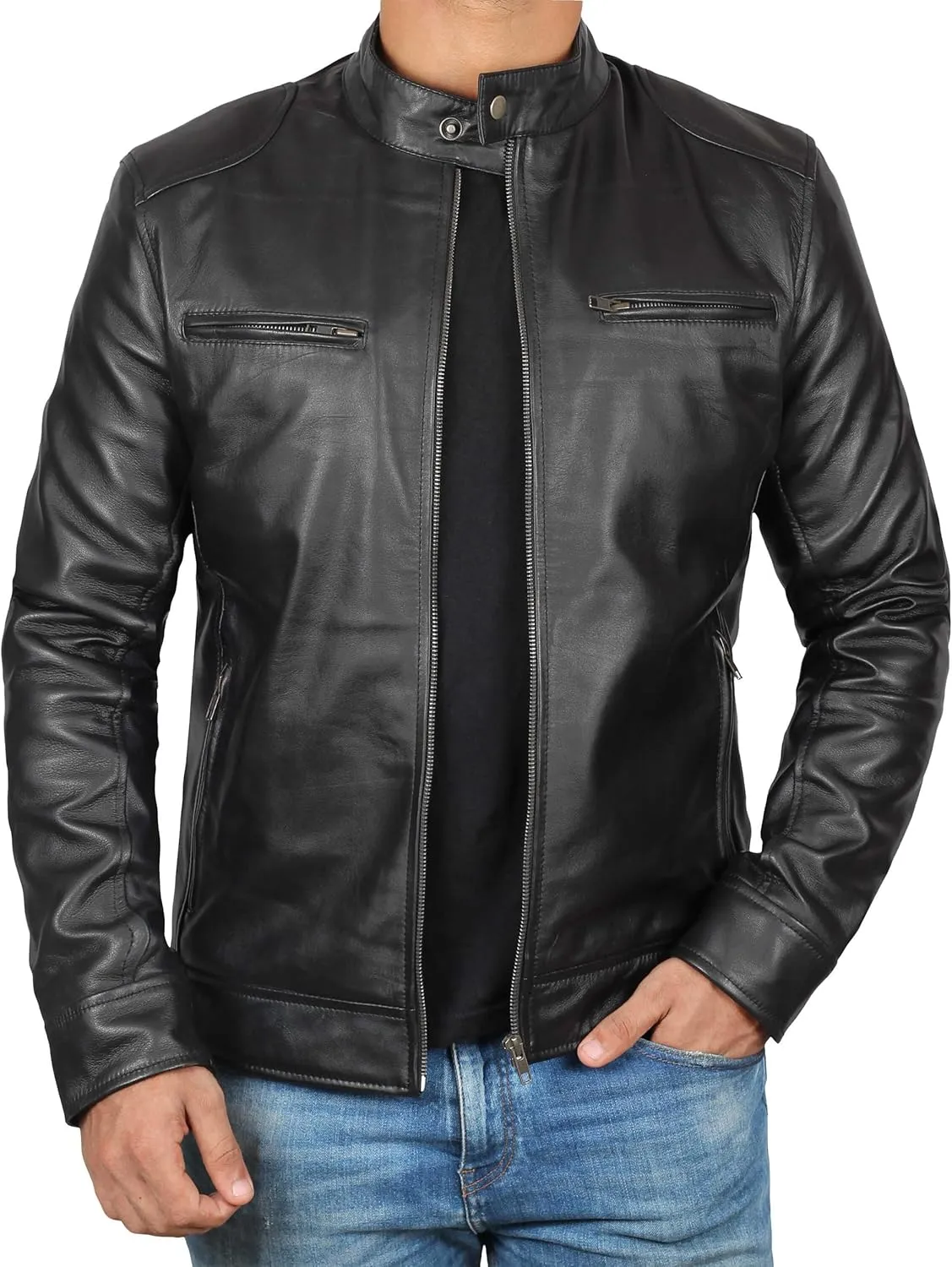 Decrum Mens Leather Jacket - Cafe Racer Style Real Lambskin Leather Jacket Men