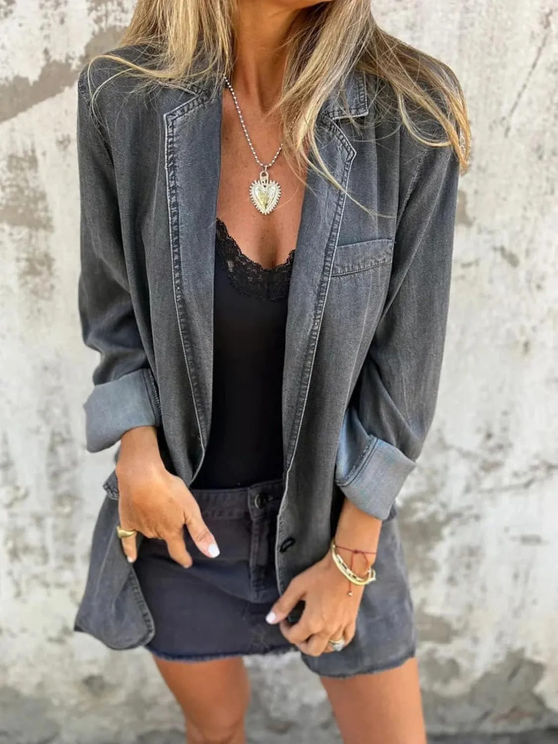 Denim Blazer for Women Oversized Jean Jacket Business Casual Button Down Long Sleeve Jackets Blazers Shacket Coats