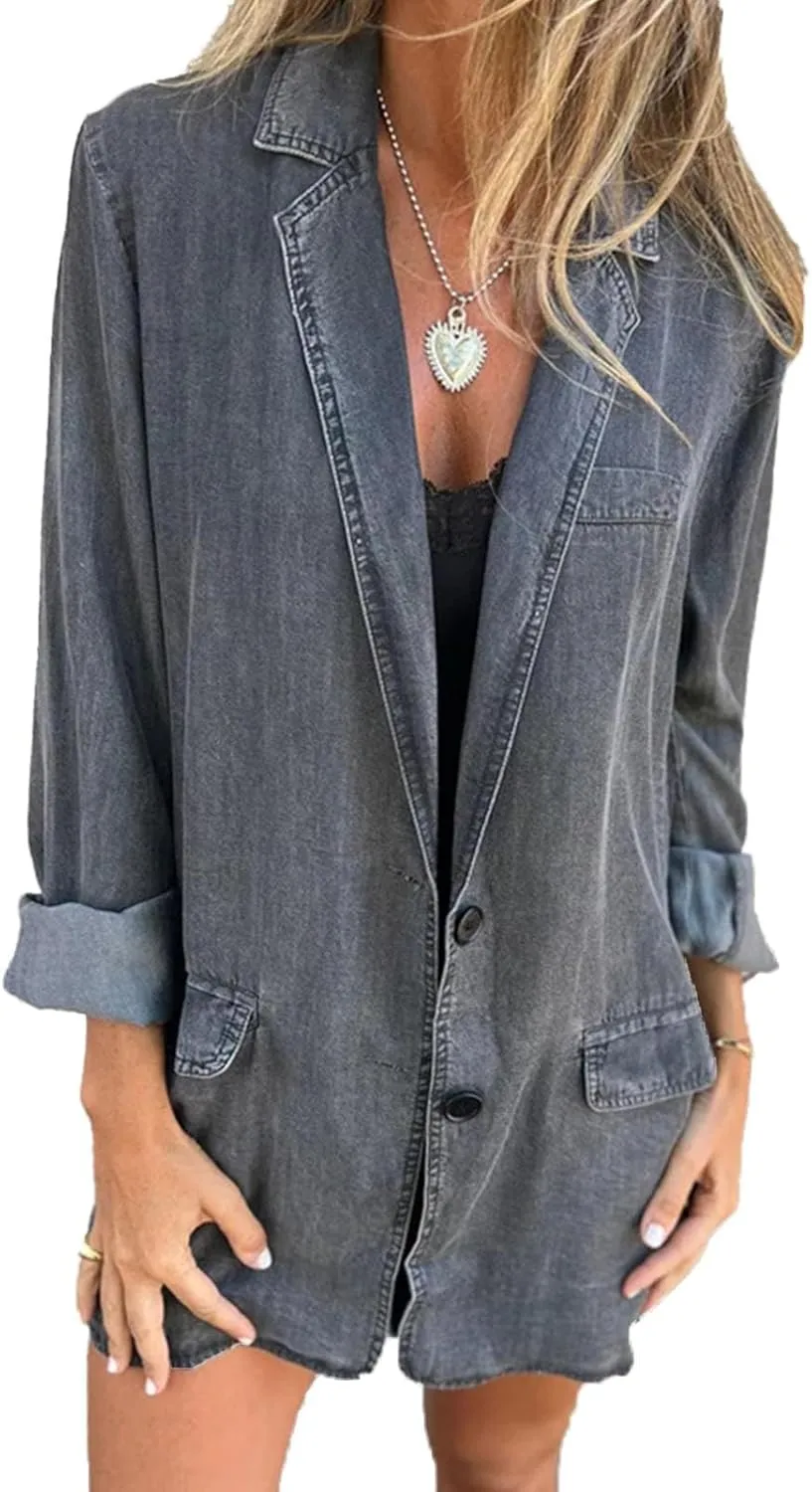 Denim Blazer for Women Oversized Jean Jacket Business Casual Button Down Long Sleeve Jackets Blazers Shacket Coats