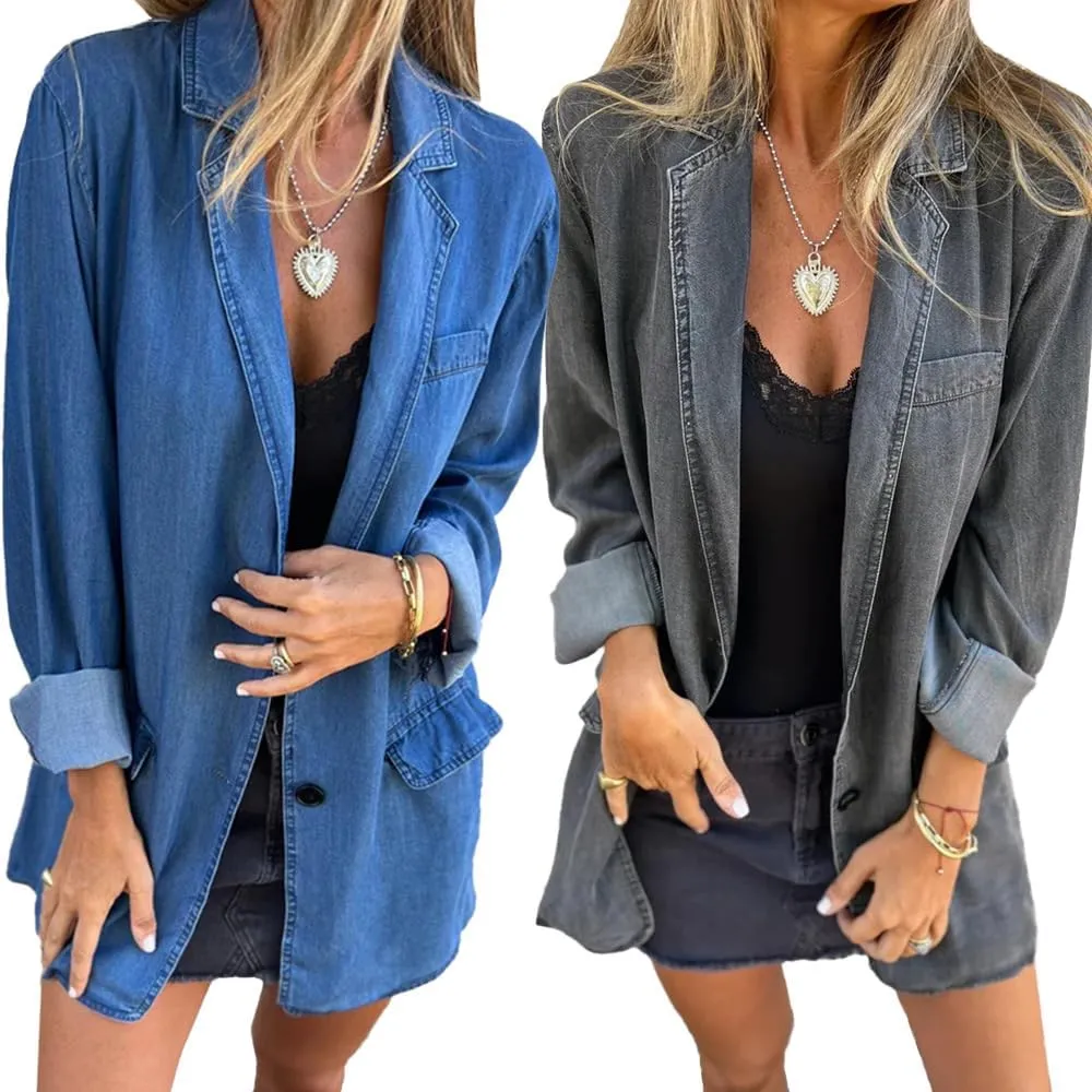 Denim Blazer for Women Oversized Jean Jacket Business Casual Button Down Long Sleeve Jackets Blazers Shacket Coats