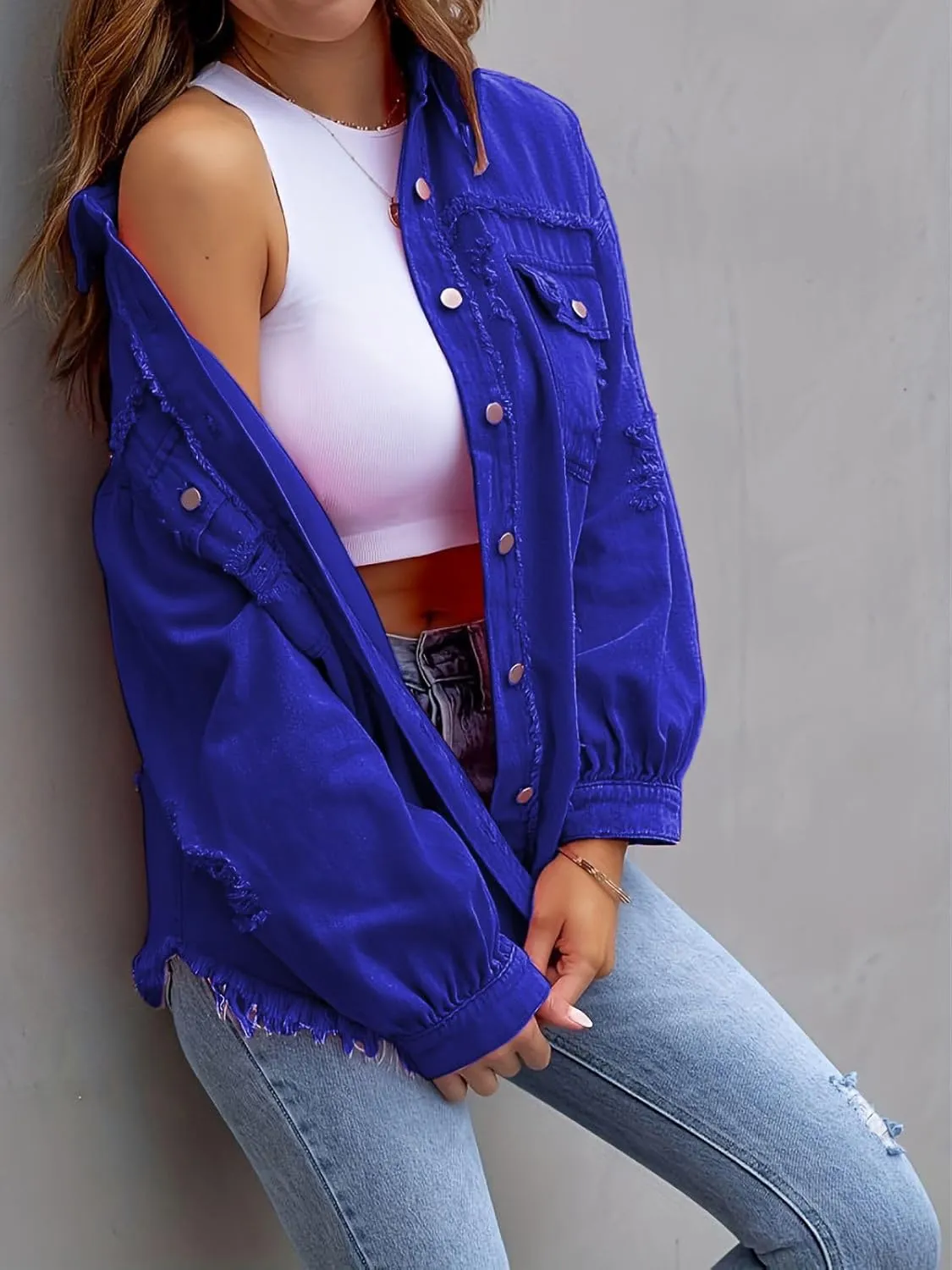 Denim Jacket for Women 2024 Oversized Ripped Jean Jacket Boyfriend Button Down Shirt Frayed Denim Coat Shacket Jacket