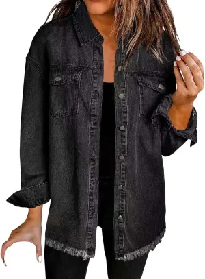 Denim Jacket for Women Fashion Oversized Button Down Long Sleeve Jacket Frayed Hem Long Distresse Tops with Pockets