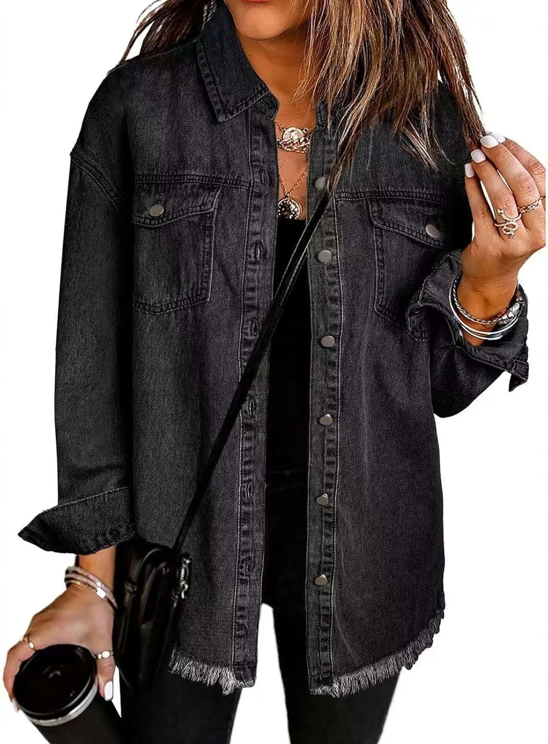 Denim Jacket for Women Fashion Oversized Button Down Long Sleeve Jacket Frayed Hem Long Distresse Tops with Pockets