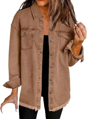 Denim Jacket for Women Oversized Button Up Jean Jacket Long Sleeve Frayed Hem Shacket Western Boyfriend Coats