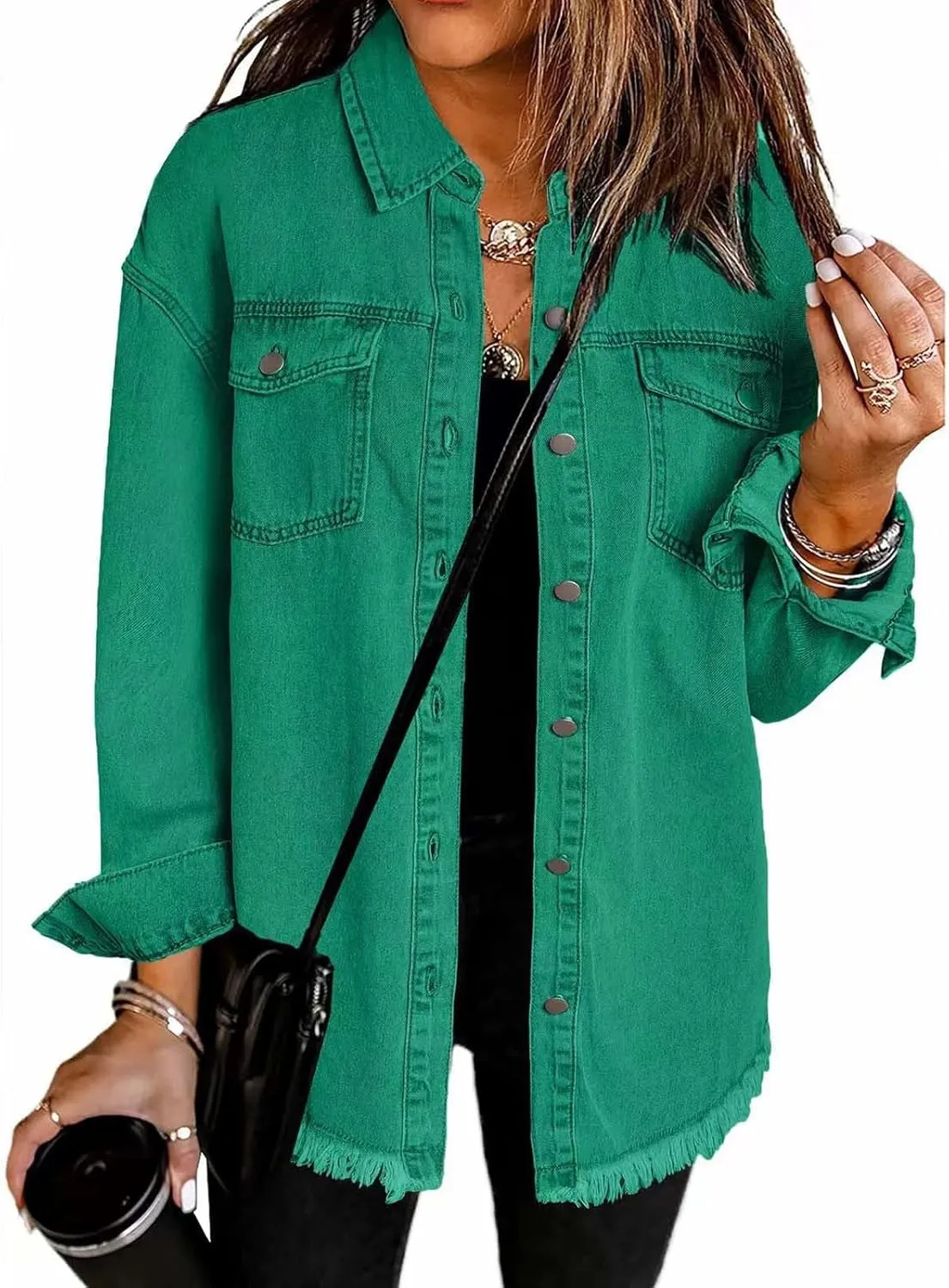 Denim Jacket for Women Oversized Button Up Jean Jacket Long Sleeve Frayed Hem Shacket Western Boyfriend Coats