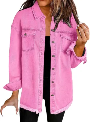 Denim Jacket for Women Oversized Button Up Jean Jacket Long Sleeve Frayed Hem Shacket Western Boyfriend Coats
