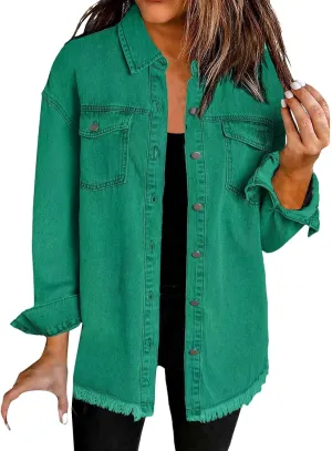 Denim Jacket for Women Oversized Button Up Jean Jacket Long Sleeve Frayed Hem Shacket Western Boyfriend Coats