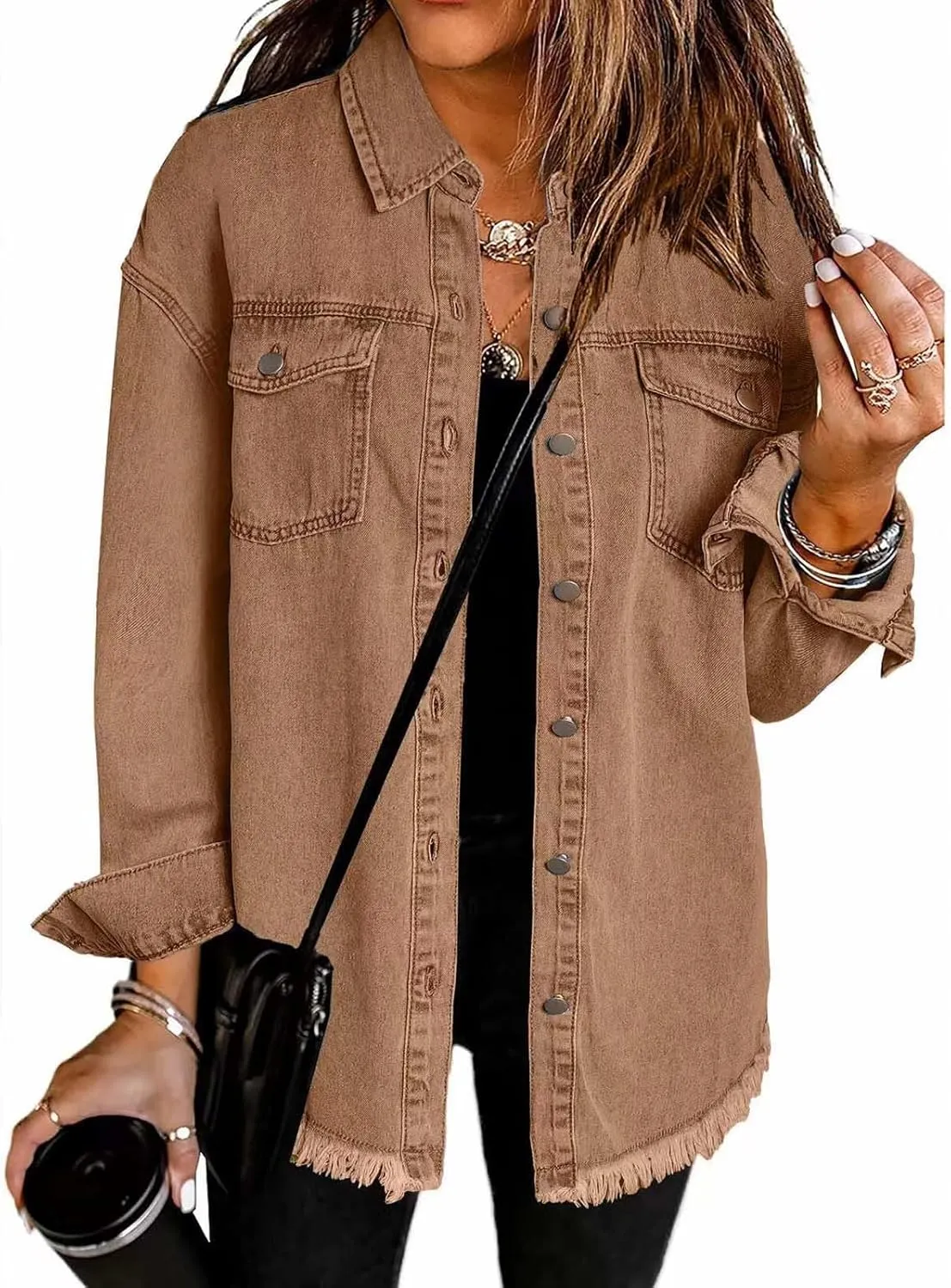 Denim Jacket for Women Oversized Button Up Jean Jacket Long Sleeve Frayed Hem Shacket Western Boyfriend Coats