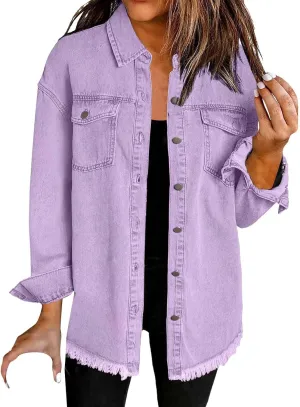 Denim Jacket for Women Oversized Button Up Jean Jacket Long Sleeve Frayed Hem Shacket Western Boyfriend Coats