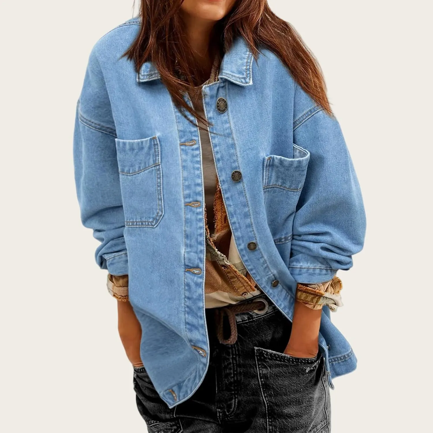 Denim Jackets for Women Oversized Boyfriend Long Sleeve Button Down Shirt Casual Loose Jean Jackets Coat