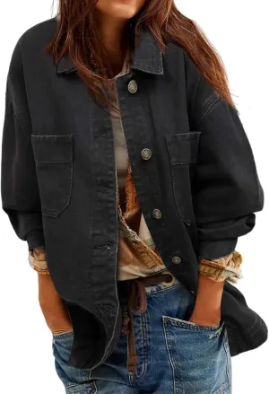 Denim Jackets for Women Oversized Boyfriend Long Sleeve Button Down Shirt Casual Loose Jean Jackets Coat