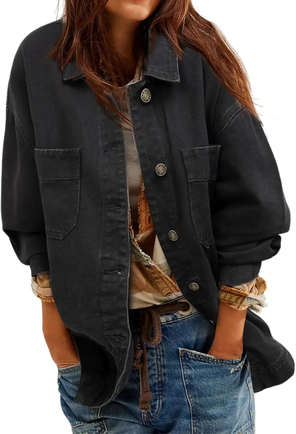 Denim Jackets for Women Oversized Boyfriend Long Sleeve Button Down Shirt Casual Loose Jean Jackets Coat